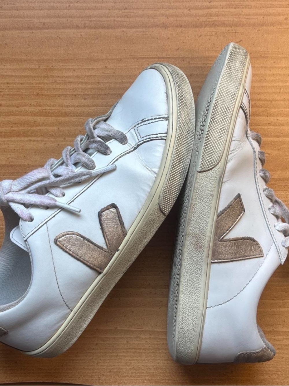 Veja Women White Leather Sneakers with Metallic Gold Logo